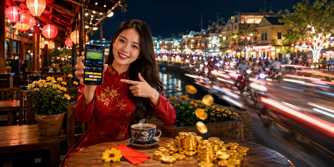 Người dùng quản lý tiền thưởng trên điện thoại tại quán cà phê Hội An