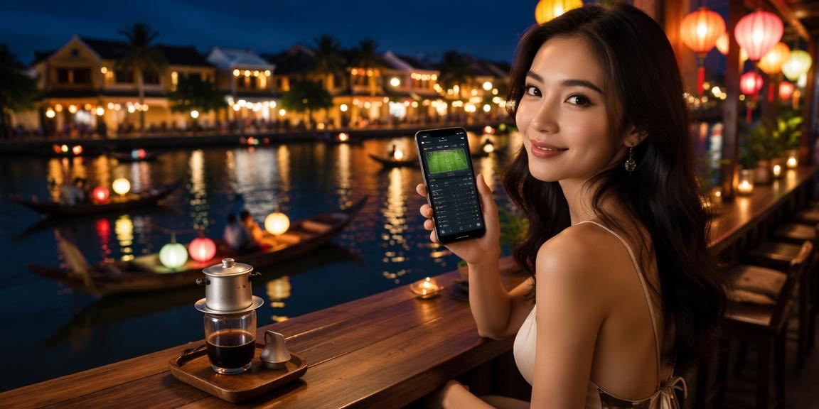 Người dùng chơi casino trên điện thoại tại quán cà phê phố cổ Hội An ban chiều