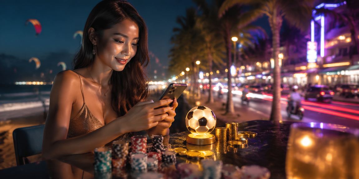 Bảng đèn neon cá cược bóng đá rực rỡ tại Mũi Né trong đêm biển sôi động