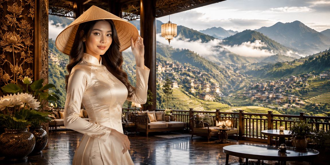 Cảnh Sapa với nón lá và màn hình tỷ lệ kèo cược